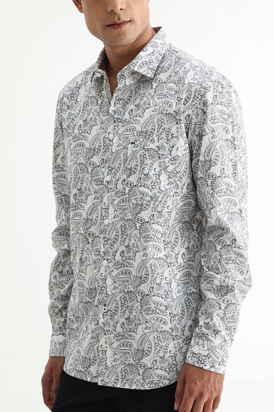 BASICS SLIM FIT SILVER WHITE COTTON POPLIN PRINTED SHIRT
