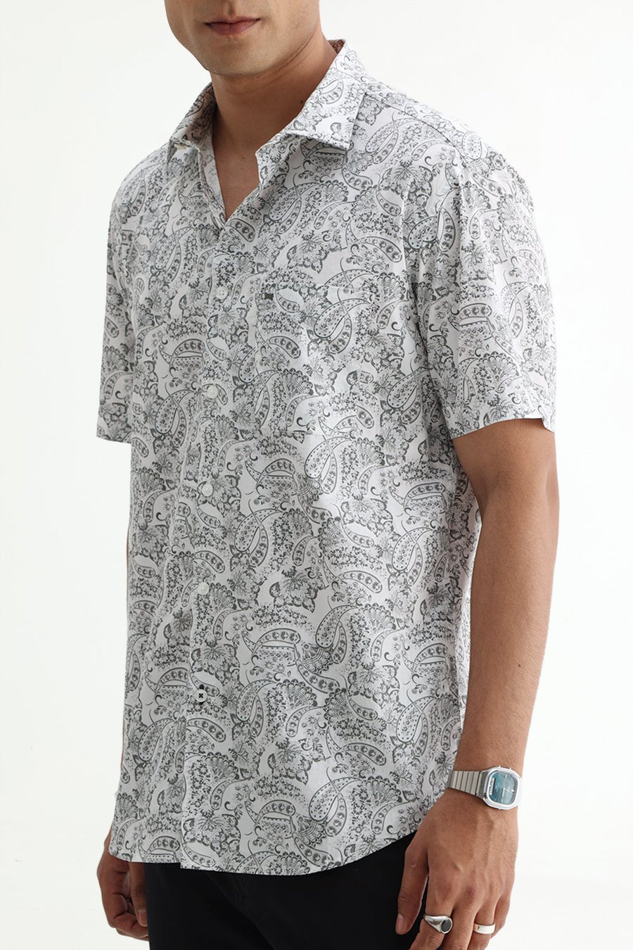 BASICS SLIM FIT SILVER WHITE COTTON POPLIN PRINTED HALFSLEEVES SHIRT