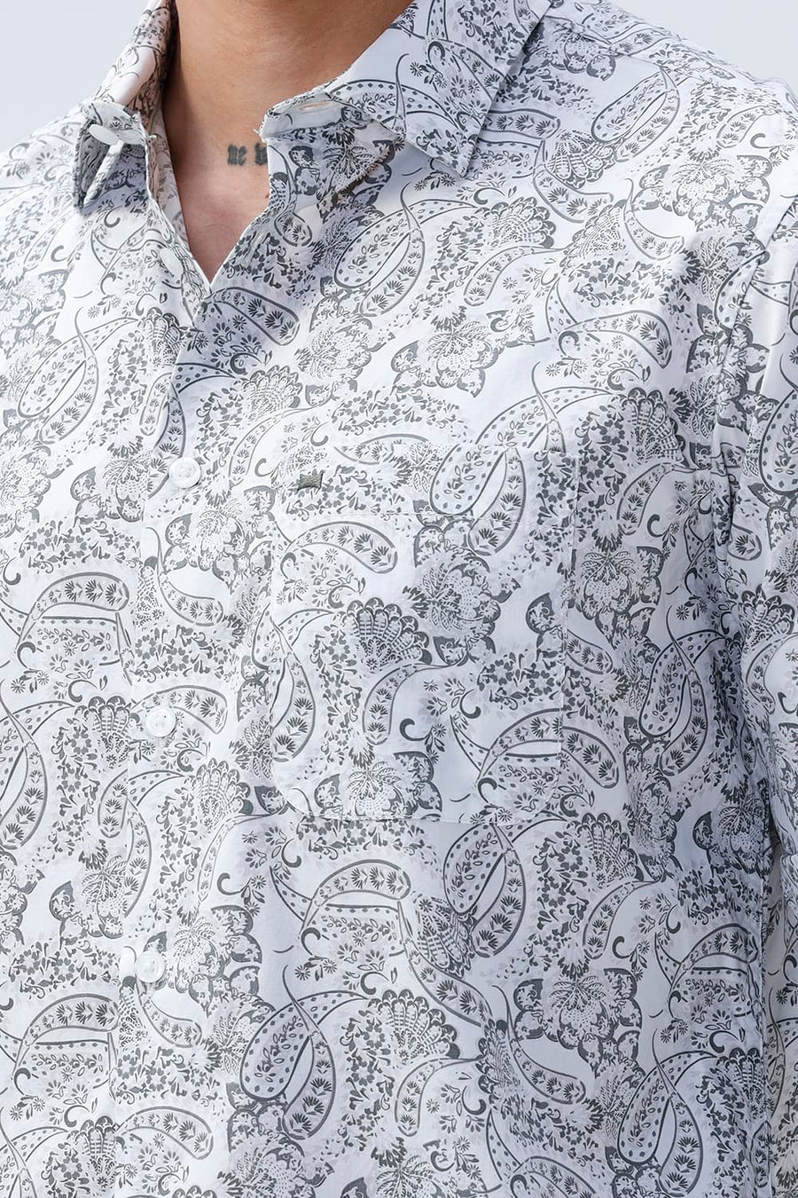 BASICS SLIM FIT SILVER WHITE COTTON POPLIN PRINTED SHIRT