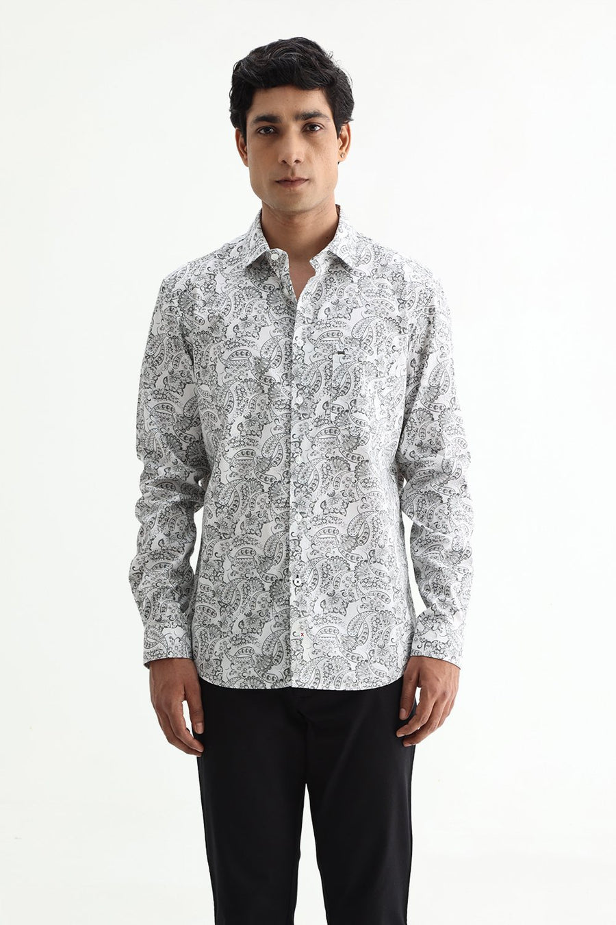BASICS SLIM FIT SILVER WHITE COTTON POPLIN PRINTED SHIRT