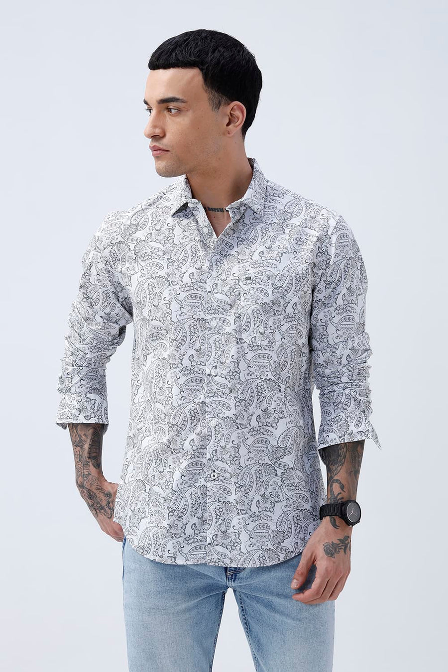 BASICS SLIM FIT SILVER WHITE COTTON POPLIN PRINTED SHIRT