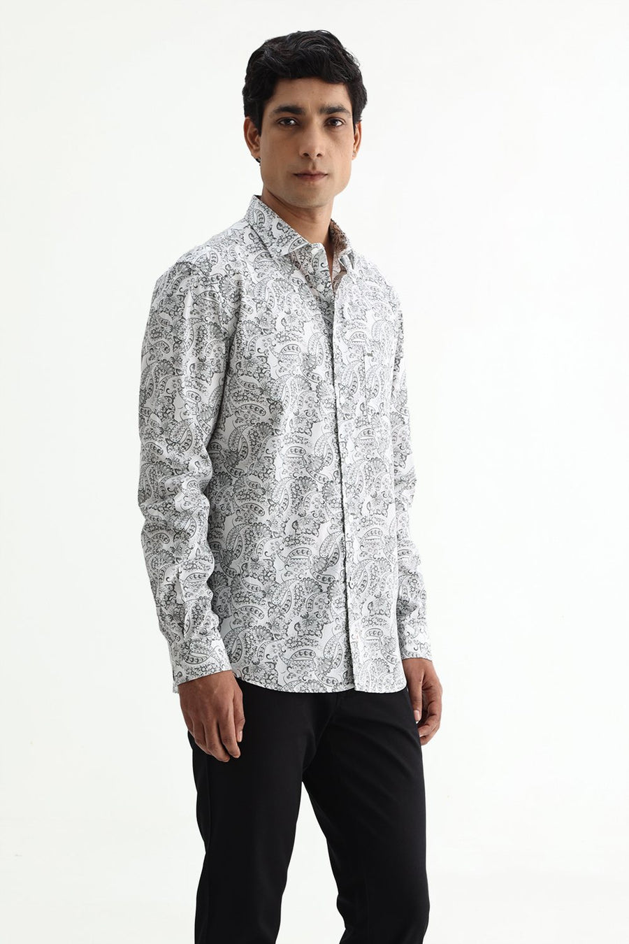 BASICS SLIM FIT SILVER WHITE COTTON POPLIN PRINTED SHIRT