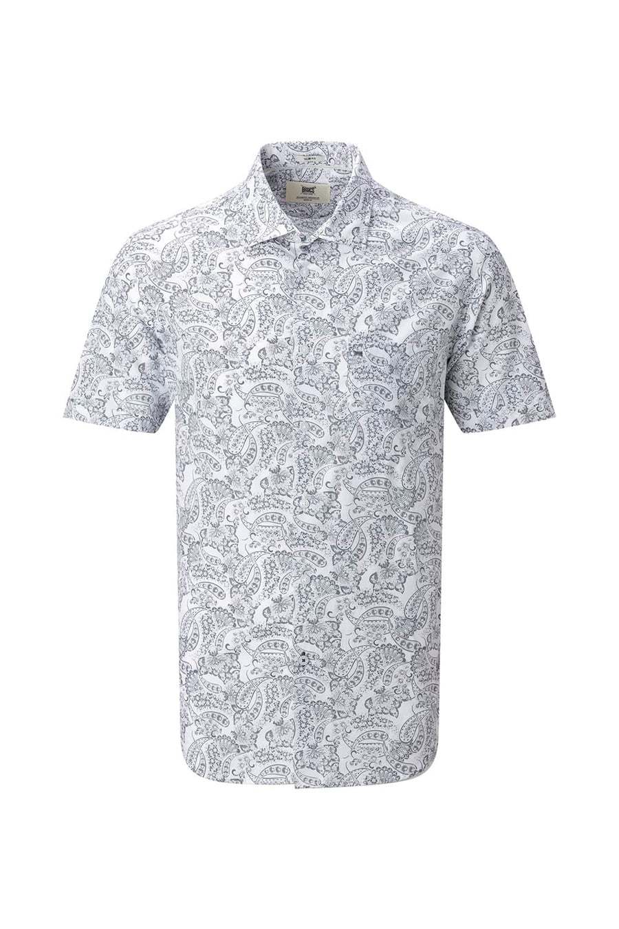 BASICS SLIM FIT SILVER WHITE COTTON POPLIN PRINTED HALFSLEEVES SHIRT