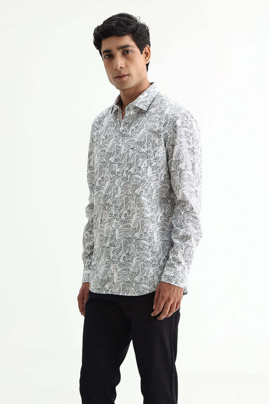 BASICS SLIM FIT SILVER WHITE COTTON POPLIN PRINTED SHIRT