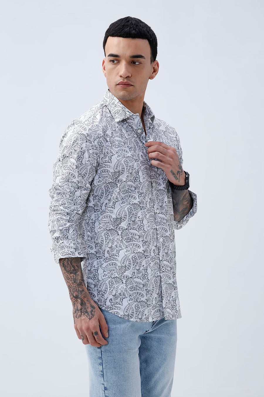 BASICS SLIM FIT SILVER WHITE COTTON POPLIN PRINTED SHIRT