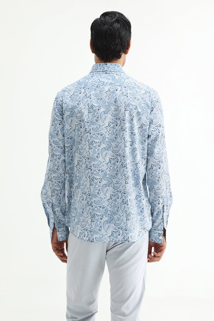 BASICS SLIM FIT WINTER BLUE COTTON POPLIN PRINTED SHIRT