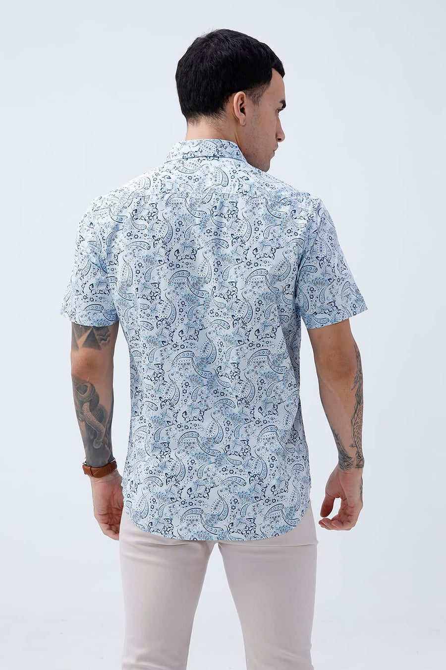 BASICS SLIM FIT WINTER BLUE COTTON POPLIN PRINTED HALFSLEEVES SHIRT