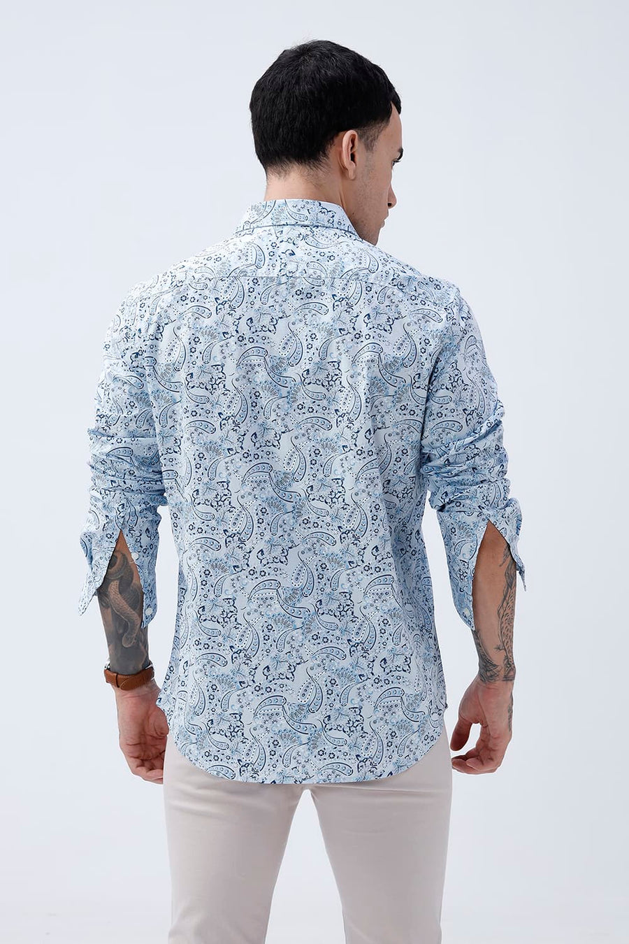 BASICS SLIM FIT WINTER BLUE COTTON POPLIN PRINTED SHIRT