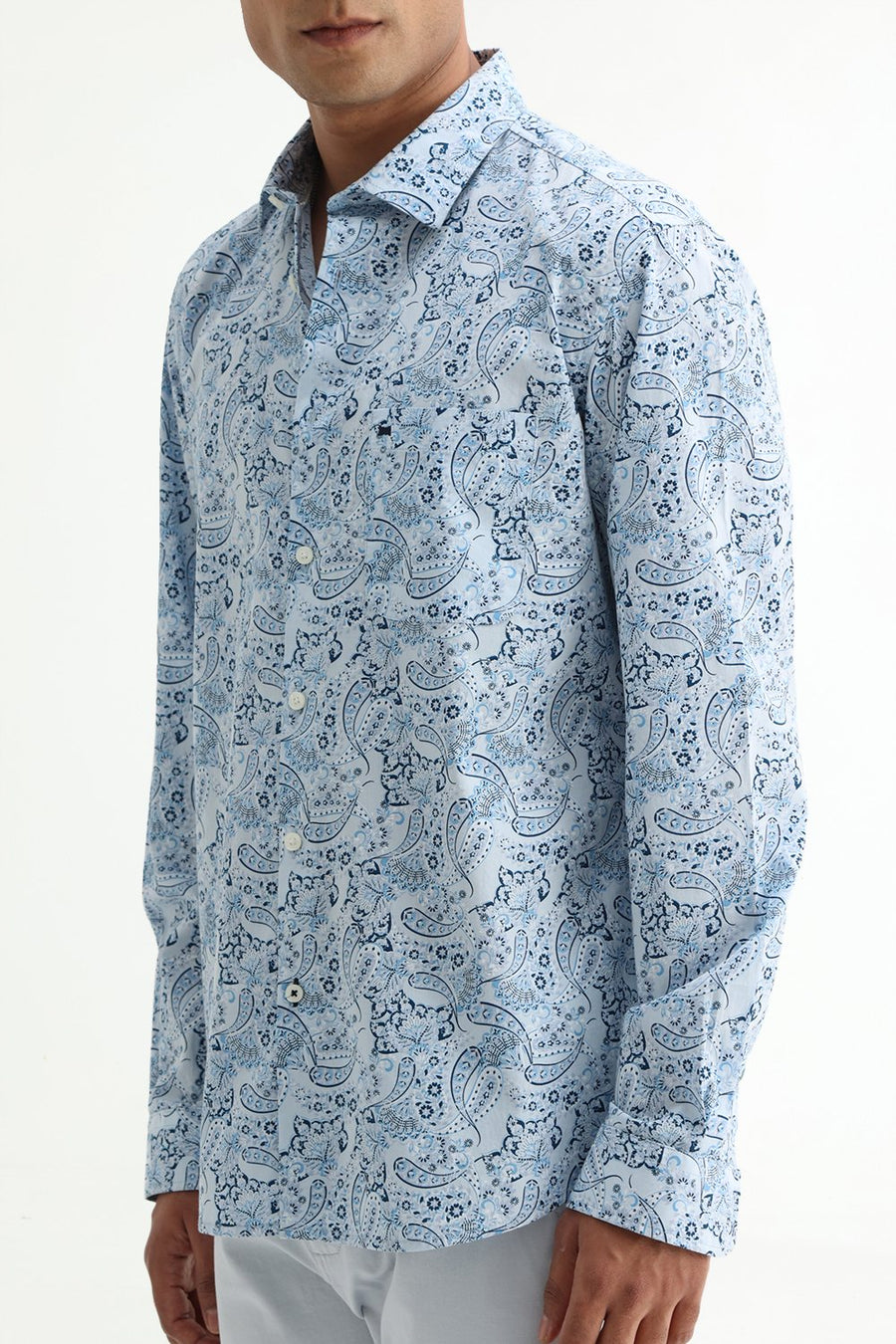 BASICS SLIM FIT WINTER BLUE COTTON POPLIN PRINTED SHIRT