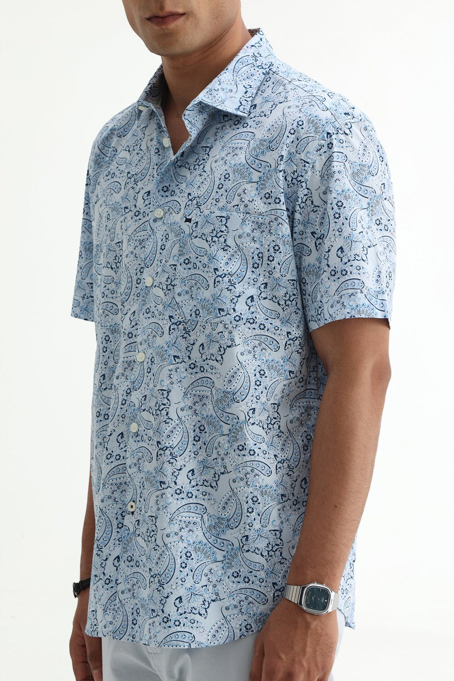 BASICS SLIM FIT WINTER BLUE COTTON POPLIN PRINTED HALFSLEEVES SHIRT