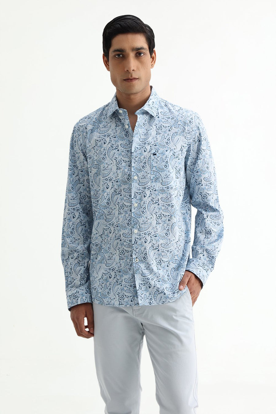 BASICS SLIM FIT WINTER BLUE COTTON POPLIN PRINTED SHIRT