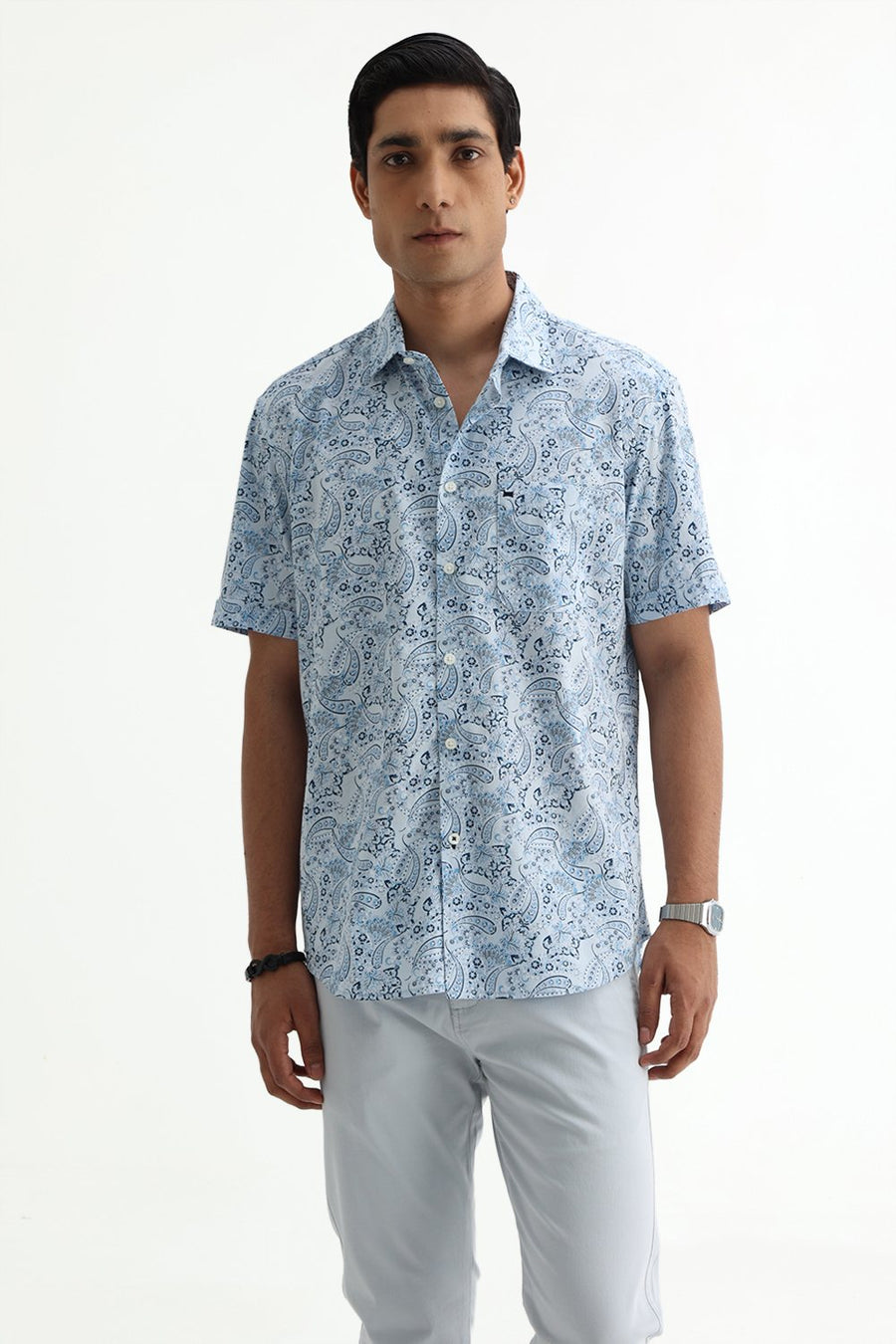 BASICS SLIM FIT WINTER BLUE COTTON POPLIN PRINTED HALFSLEEVES SHIRT