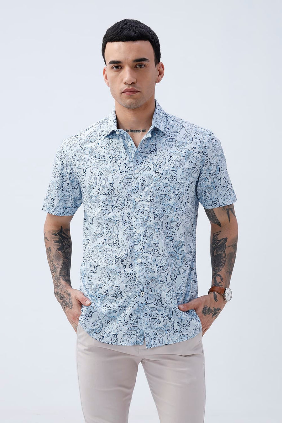 BASICS SLIM FIT WINTER BLUE COTTON POPLIN PRINTED HALFSLEEVES SHIRT