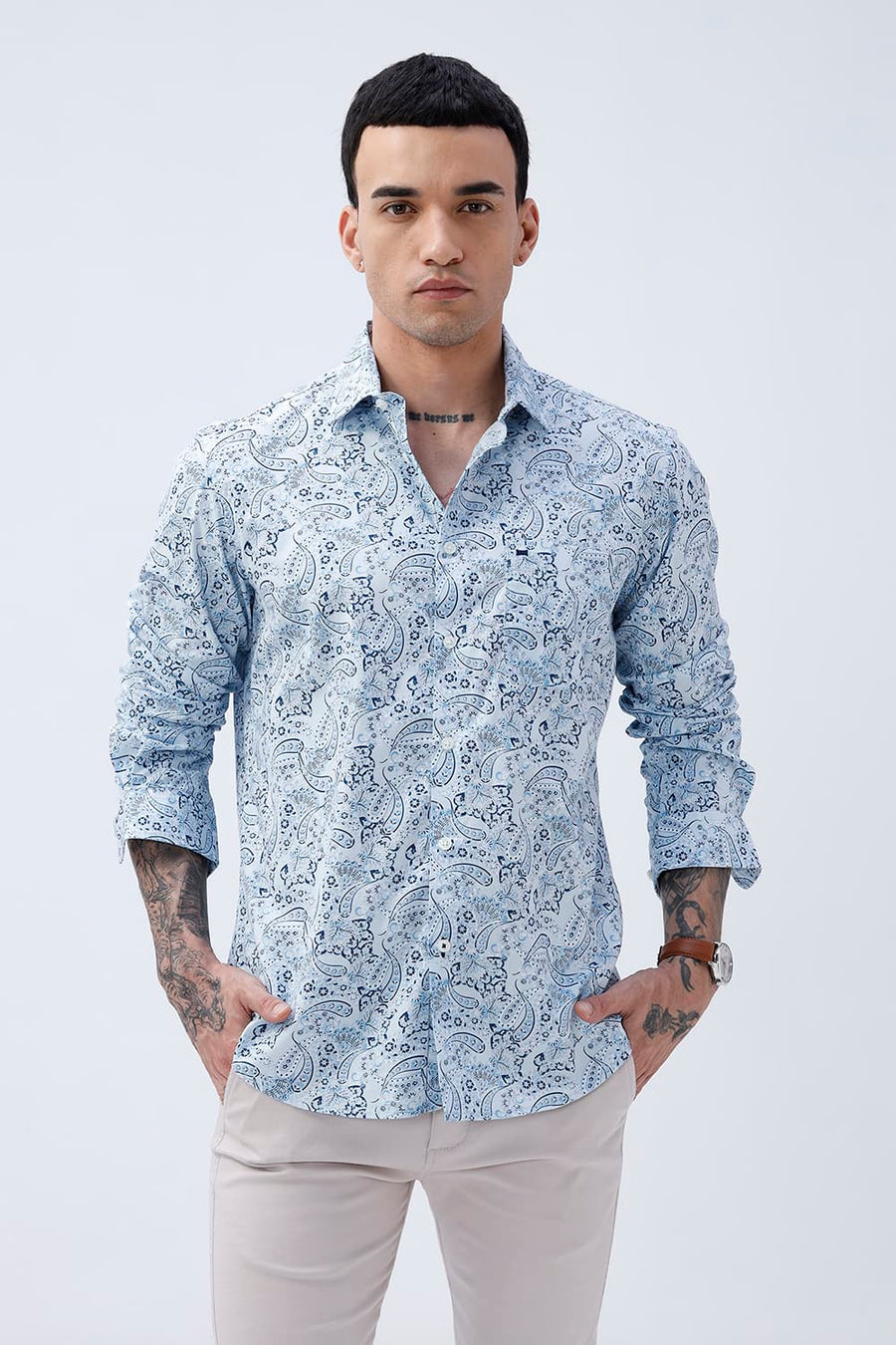 BASICS SLIM FIT WINTER BLUE COTTON POPLIN PRINTED SHIRT
