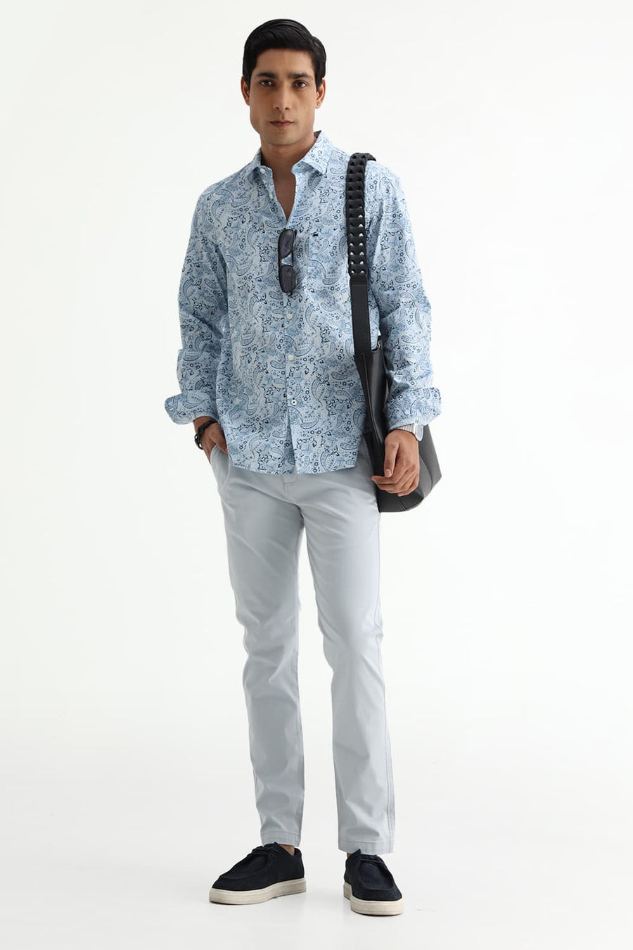 BASICS SLIM FIT WINTER BLUE COTTON POPLIN PRINTED SHIRT