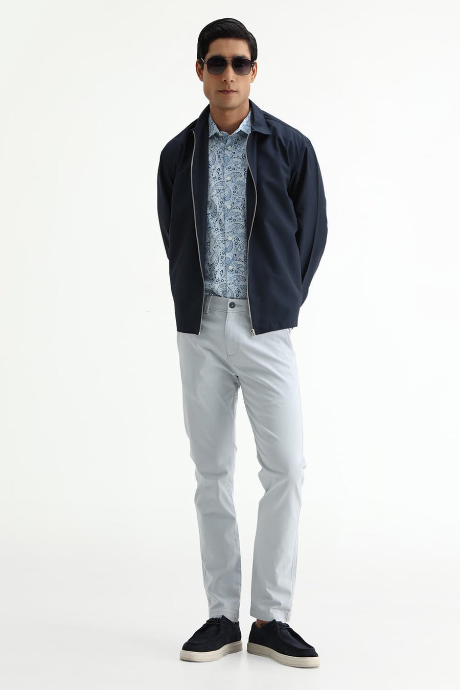 BASICS SLIM FIT WINTER BLUE COTTON POPLIN PRINTED HALFSLEEVES SHIRT