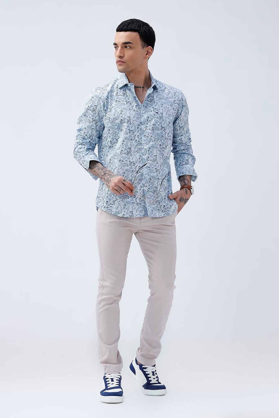 BASICS SLIM FIT WINTER BLUE COTTON POPLIN PRINTED SHIRT