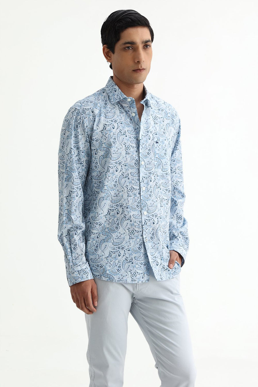 BASICS SLIM FIT WINTER BLUE COTTON POPLIN PRINTED SHIRT