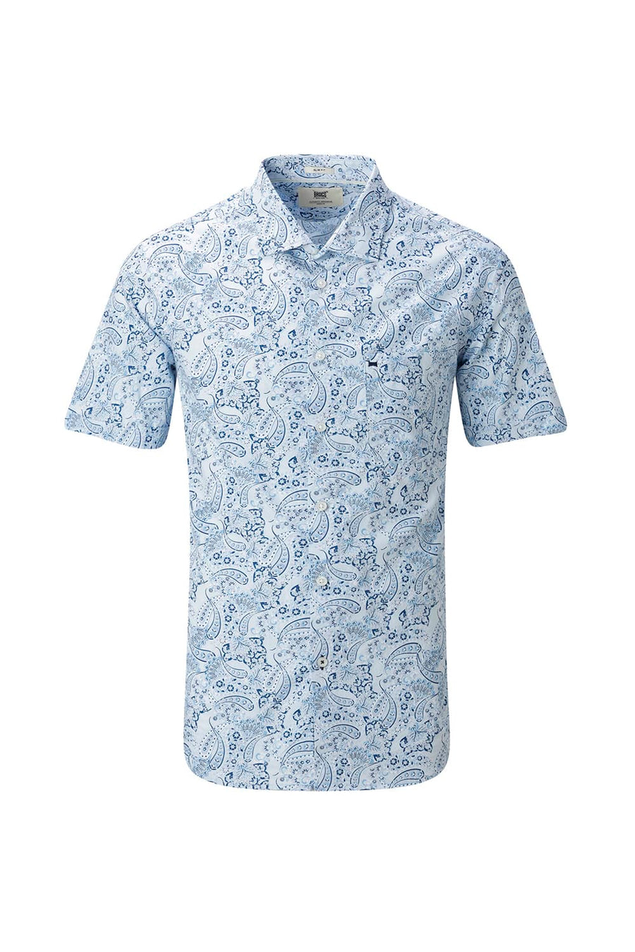 BASICS SLIM FIT WINTER BLUE COTTON POPLIN PRINTED HALFSLEEVES SHIRT