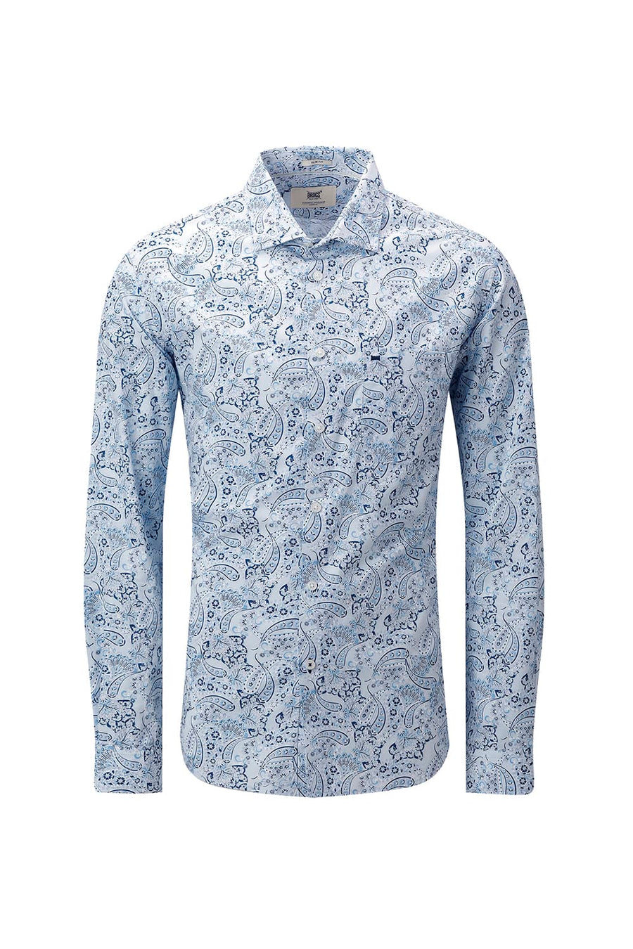 BASICS SLIM FIT WINTER BLUE COTTON POPLIN PRINTED SHIRT