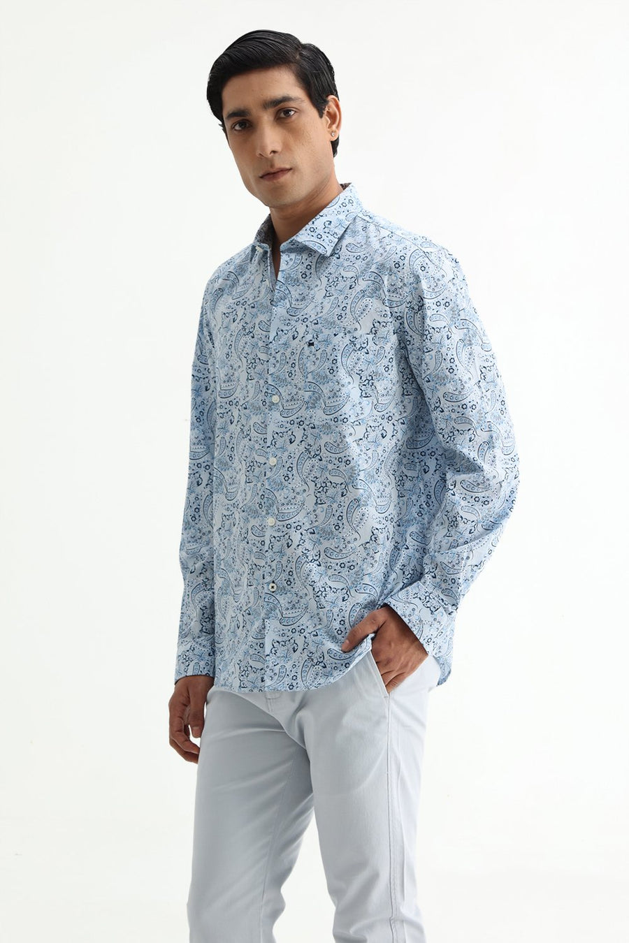 BASICS SLIM FIT WINTER BLUE COTTON POPLIN PRINTED SHIRT