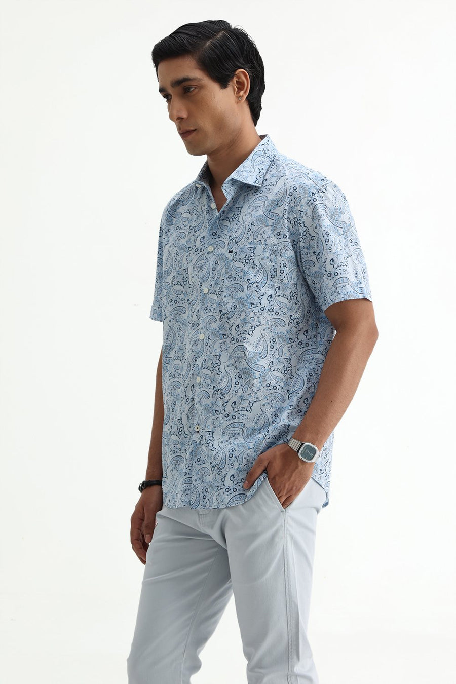 BASICS SLIM FIT WINTER BLUE COTTON POPLIN PRINTED HALFSLEEVES SHIRT