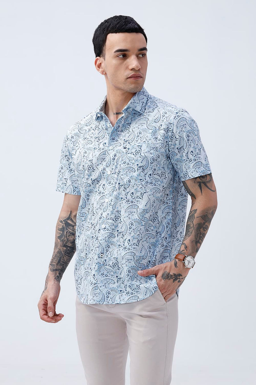 BASICS SLIM FIT WINTER BLUE COTTON POPLIN PRINTED HALFSLEEVES SHIRT