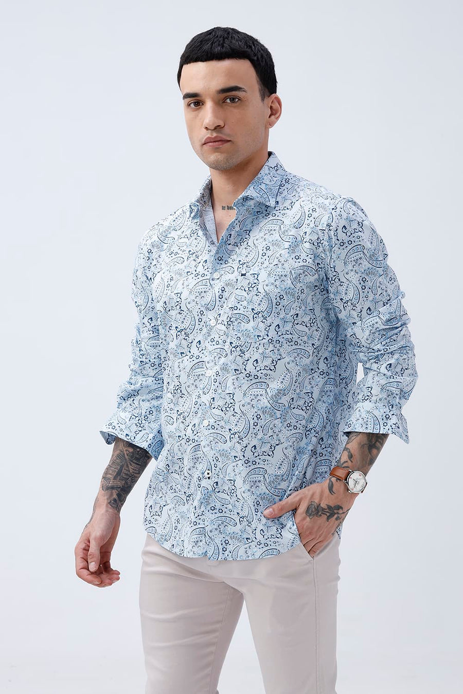 BASICS SLIM FIT WINTER BLUE COTTON POPLIN PRINTED SHIRT