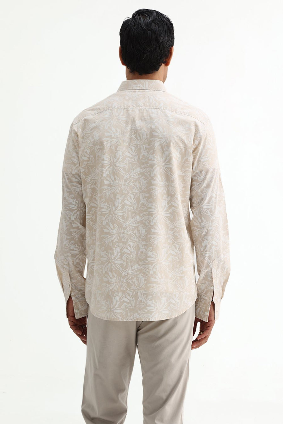BASICS SLIM FIT SUMMER BEIGE COTTON POPLIN PRINTED SHIRT
