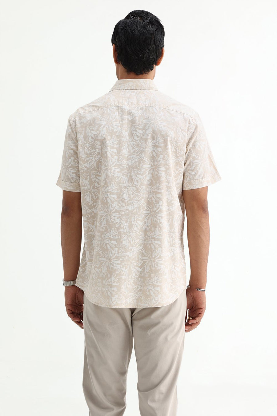 BASICS SLIM FIT SUMMER BEIGE COTTON POPLIN PRINTED HALFSLEEVES SHIRT