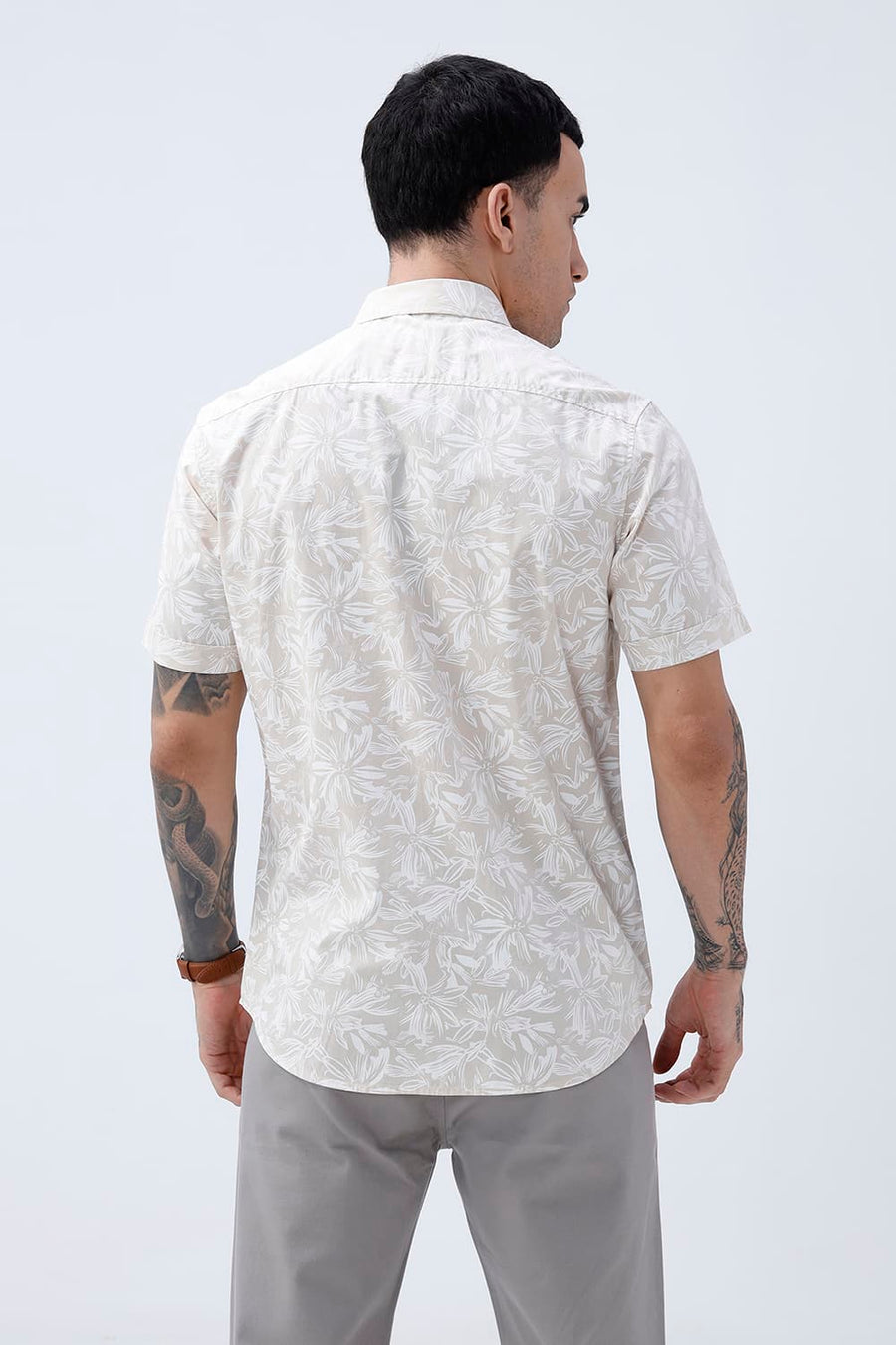 BASICS SLIM FIT SUMMER BEIGE COTTON POPLIN PRINTED HALFSLEEVES SHIRT