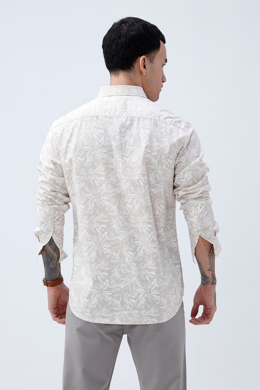 BASICS SLIM FIT SUMMER BEIGE COTTON POPLIN PRINTED SHIRT