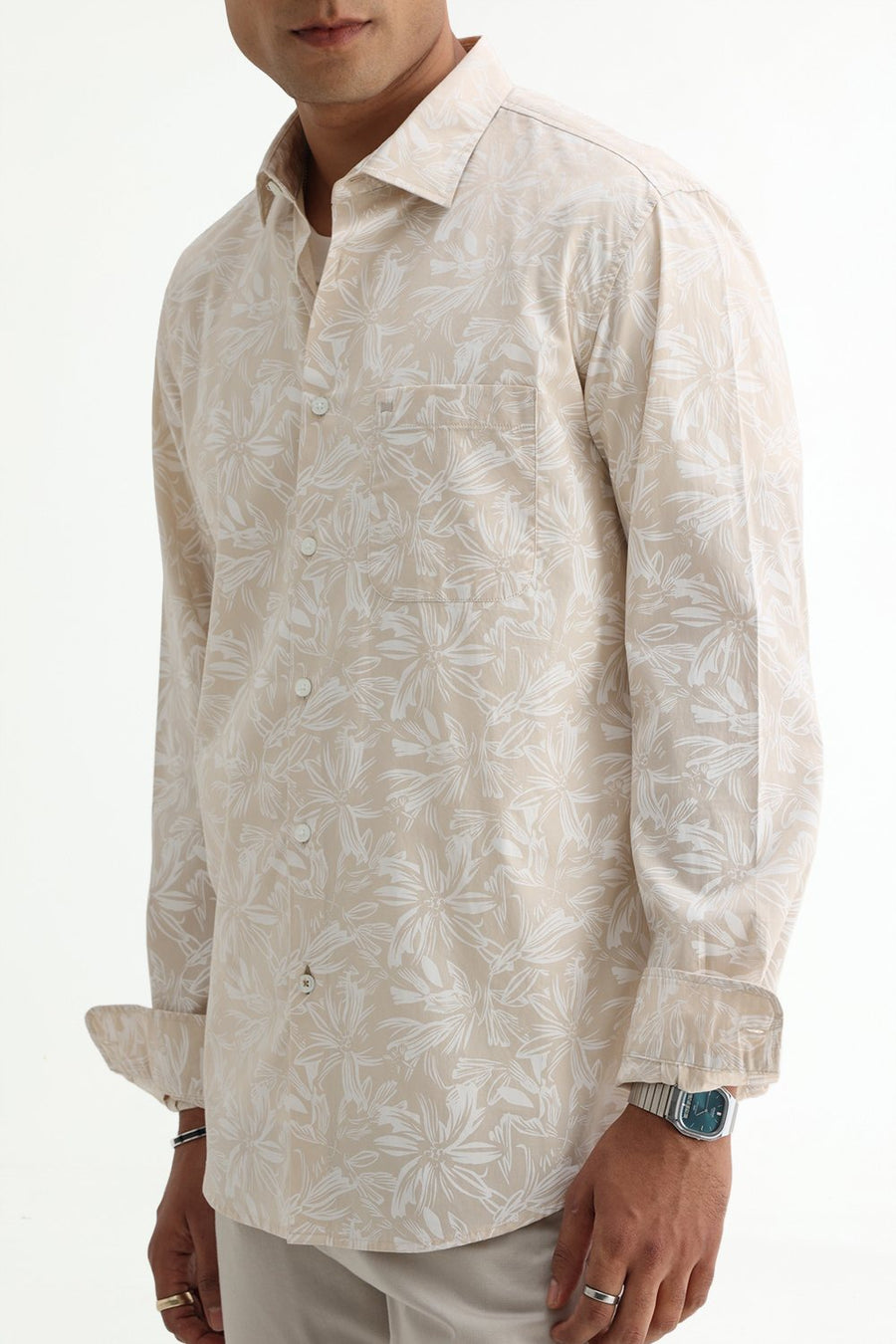 BASICS SLIM FIT SUMMER BEIGE COTTON POPLIN PRINTED SHIRT