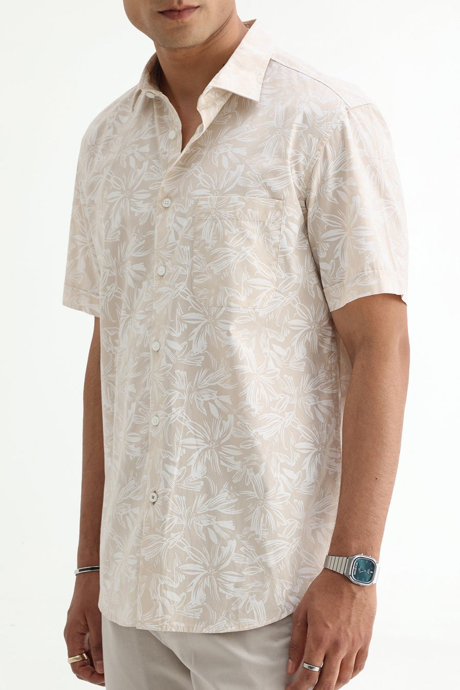 BASICS SLIM FIT SUMMER BEIGE COTTON POPLIN PRINTED HALFSLEEVES SHIRT