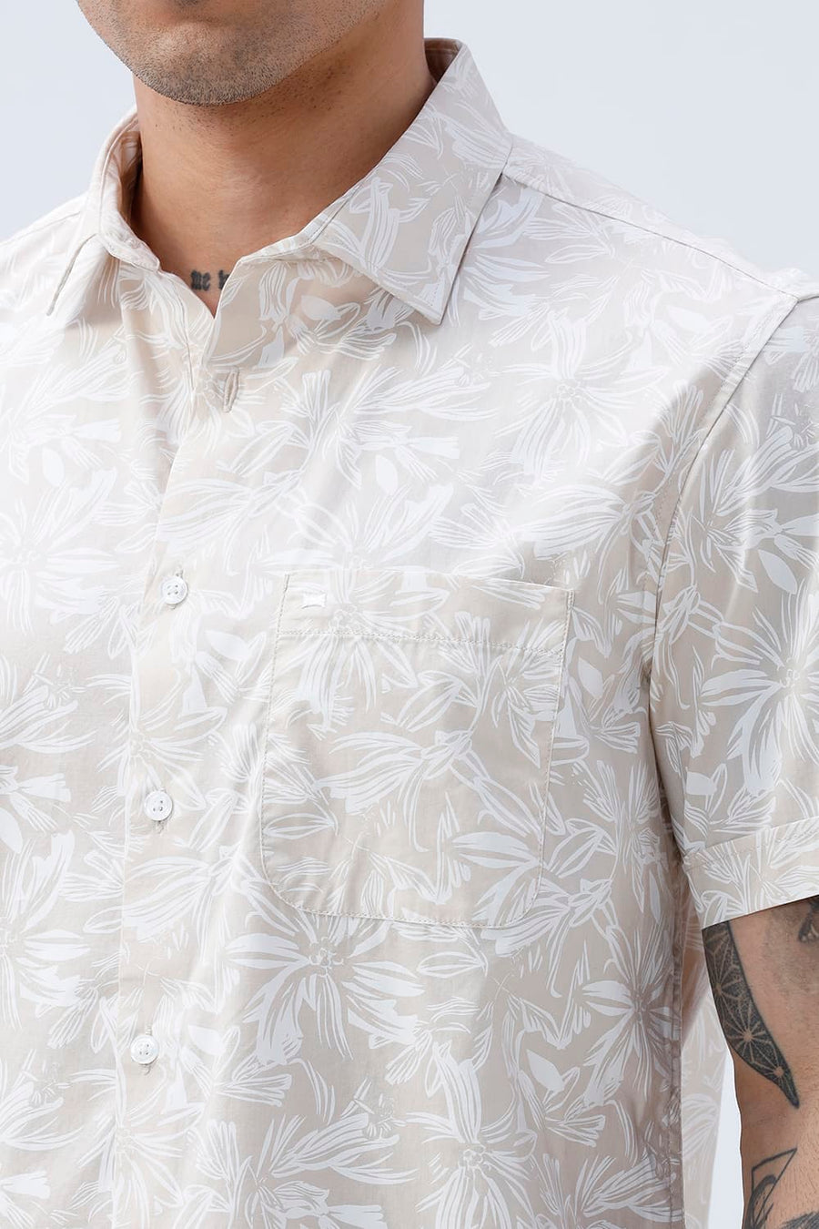 BASICS SLIM FIT SUMMER BEIGE COTTON POPLIN PRINTED HALFSLEEVES SHIRT