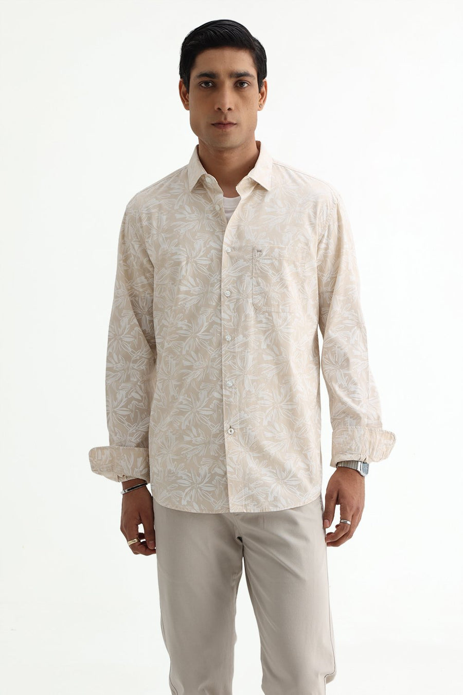 BASICS SLIM FIT SUMMER BEIGE COTTON POPLIN PRINTED SHIRT