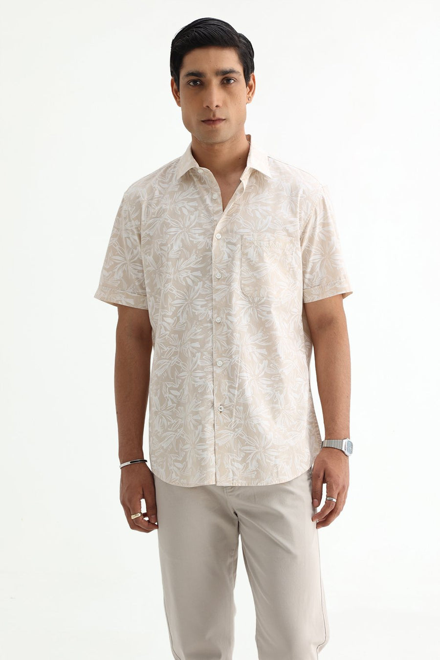 BASICS SLIM FIT SUMMER BEIGE COTTON POPLIN PRINTED HALFSLEEVES SHIRT