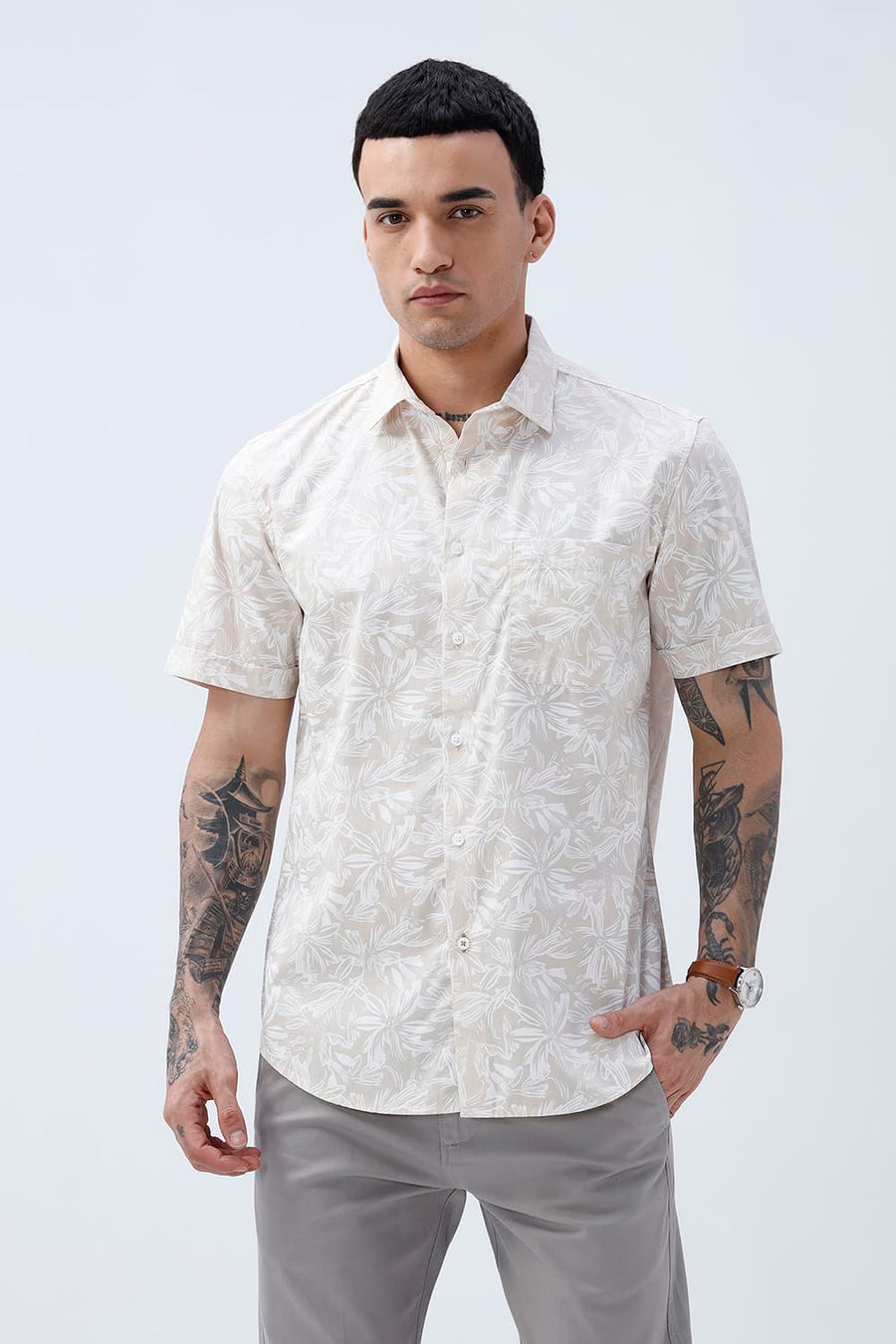 BASICS SLIM FIT SUMMER BEIGE COTTON POPLIN PRINTED HALFSLEEVES SHIRT