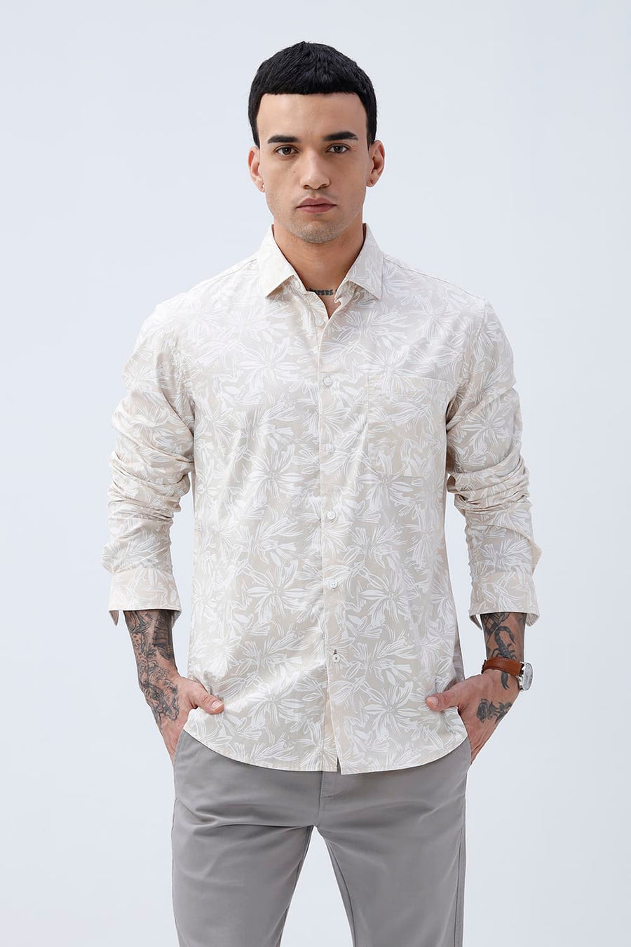 BASICS SLIM FIT SUMMER BEIGE COTTON POPLIN PRINTED SHIRT