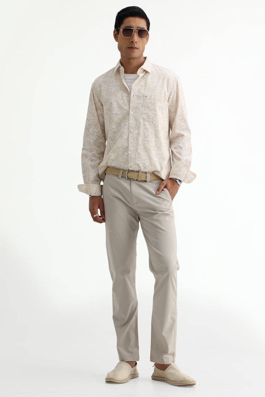 BASICS SLIM FIT SUMMER BEIGE COTTON POPLIN PRINTED SHIRT