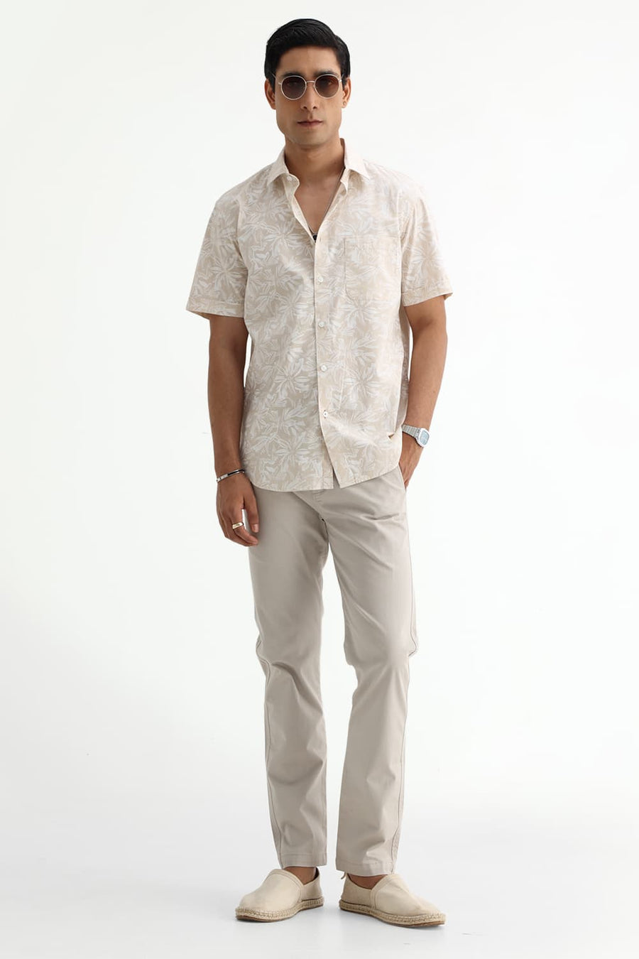 BASICS SLIM FIT SUMMER BEIGE COTTON POPLIN PRINTED HALFSLEEVES SHIRT