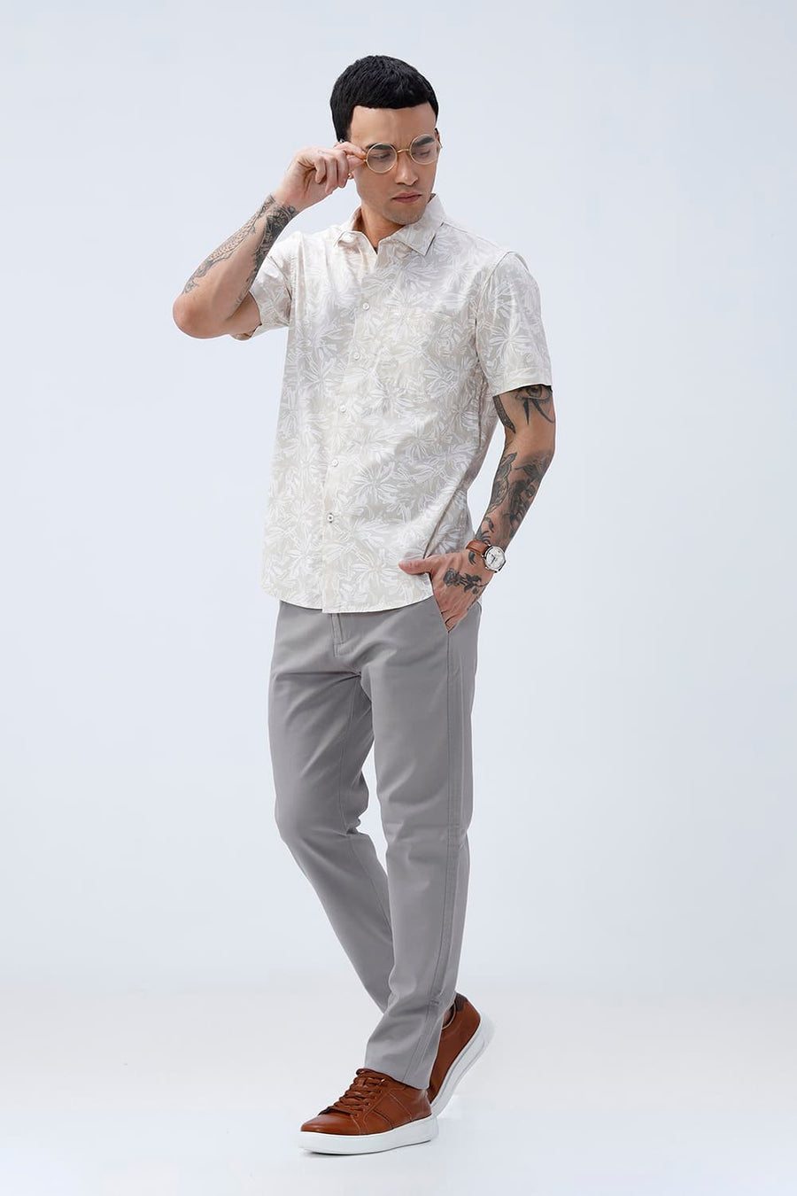 BASICS SLIM FIT SUMMER BEIGE COTTON POPLIN PRINTED HALFSLEEVES SHIRT