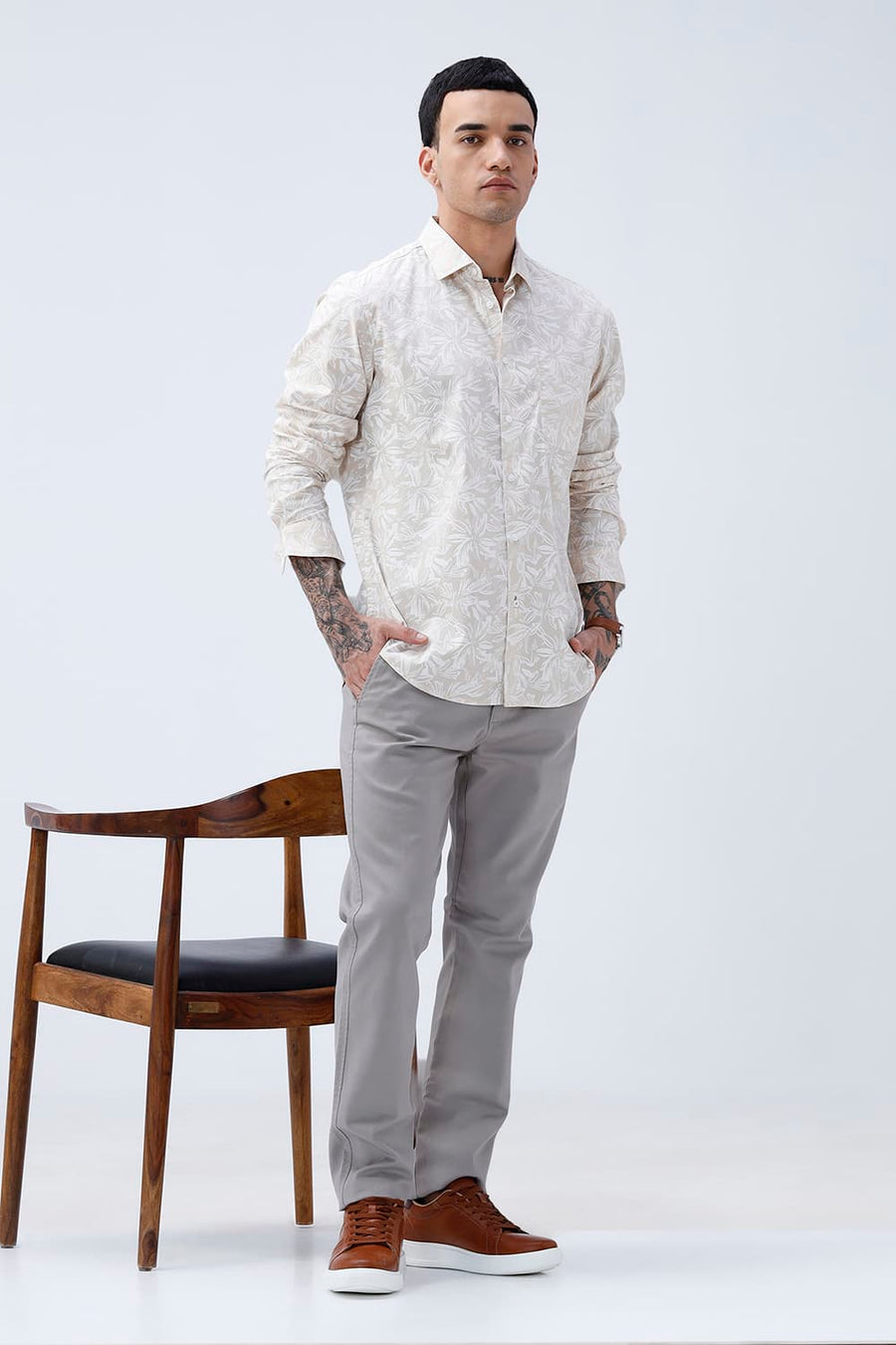 BASICS SLIM FIT SUMMER BEIGE COTTON POPLIN PRINTED SHIRT
