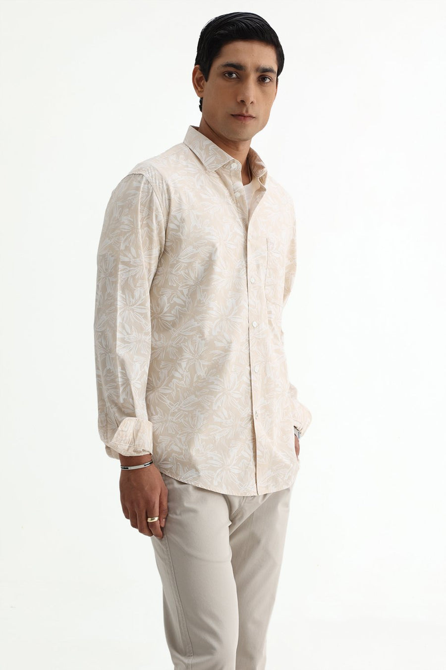 BASICS SLIM FIT SUMMER BEIGE COTTON POPLIN PRINTED SHIRT