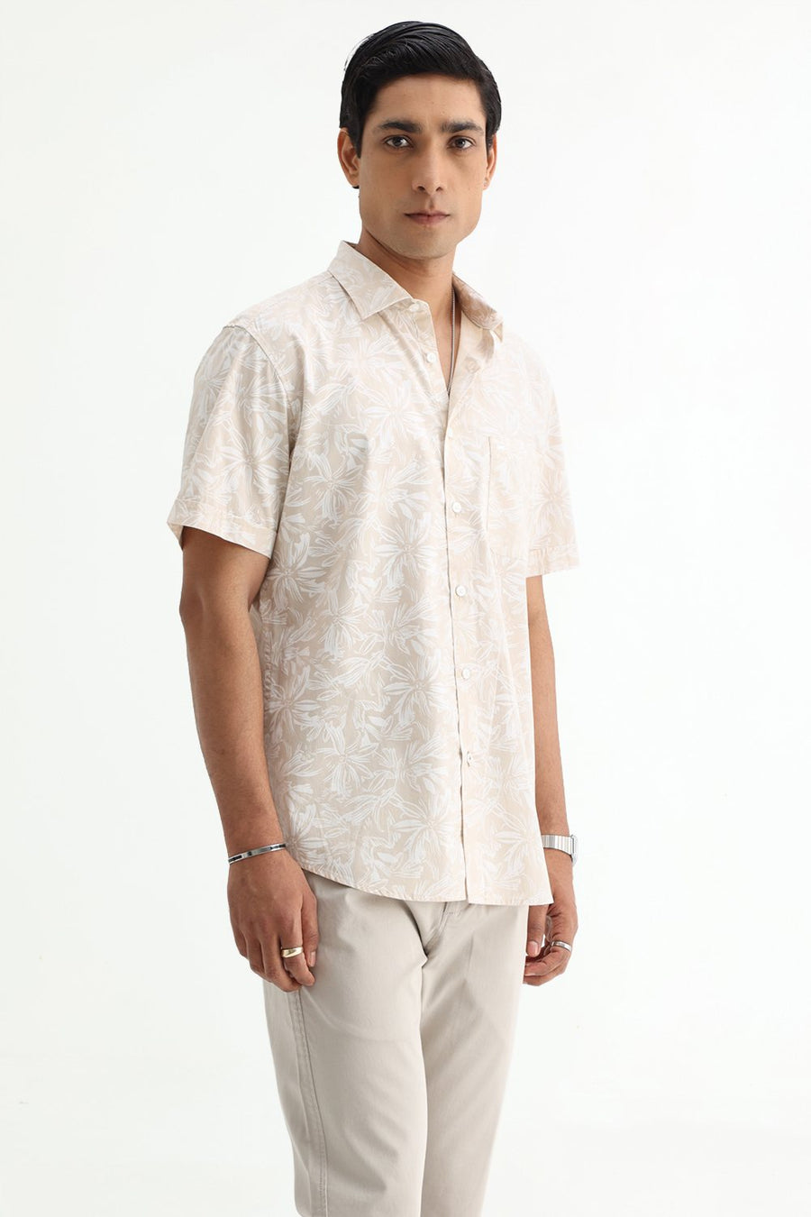 BASICS SLIM FIT SUMMER BEIGE COTTON POPLIN PRINTED HALFSLEEVES SHIRT