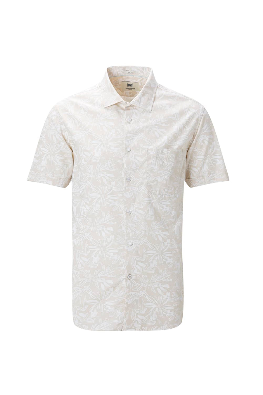 BASICS SLIM FIT SUMMER BEIGE COTTON POPLIN PRINTED HALFSLEEVES SHIRT
