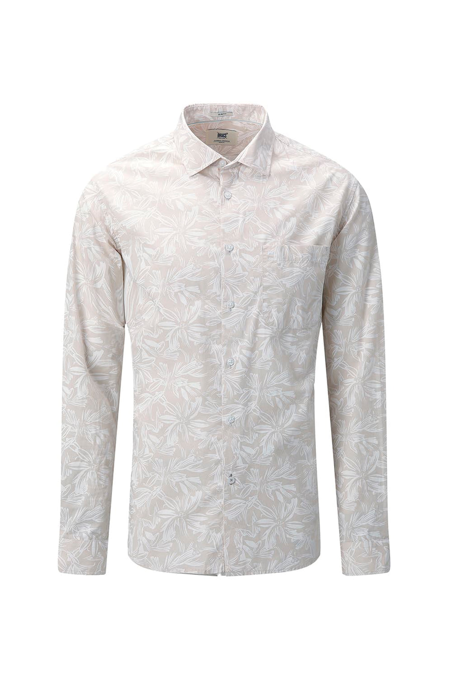 BASICS SLIM FIT SUMMER BEIGE COTTON POPLIN PRINTED SHIRT