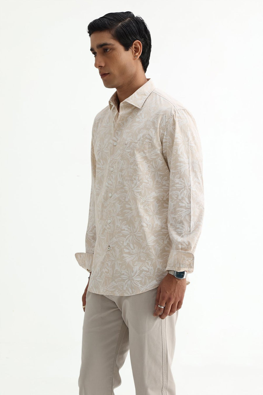 BASICS SLIM FIT SUMMER BEIGE COTTON POPLIN PRINTED SHIRT