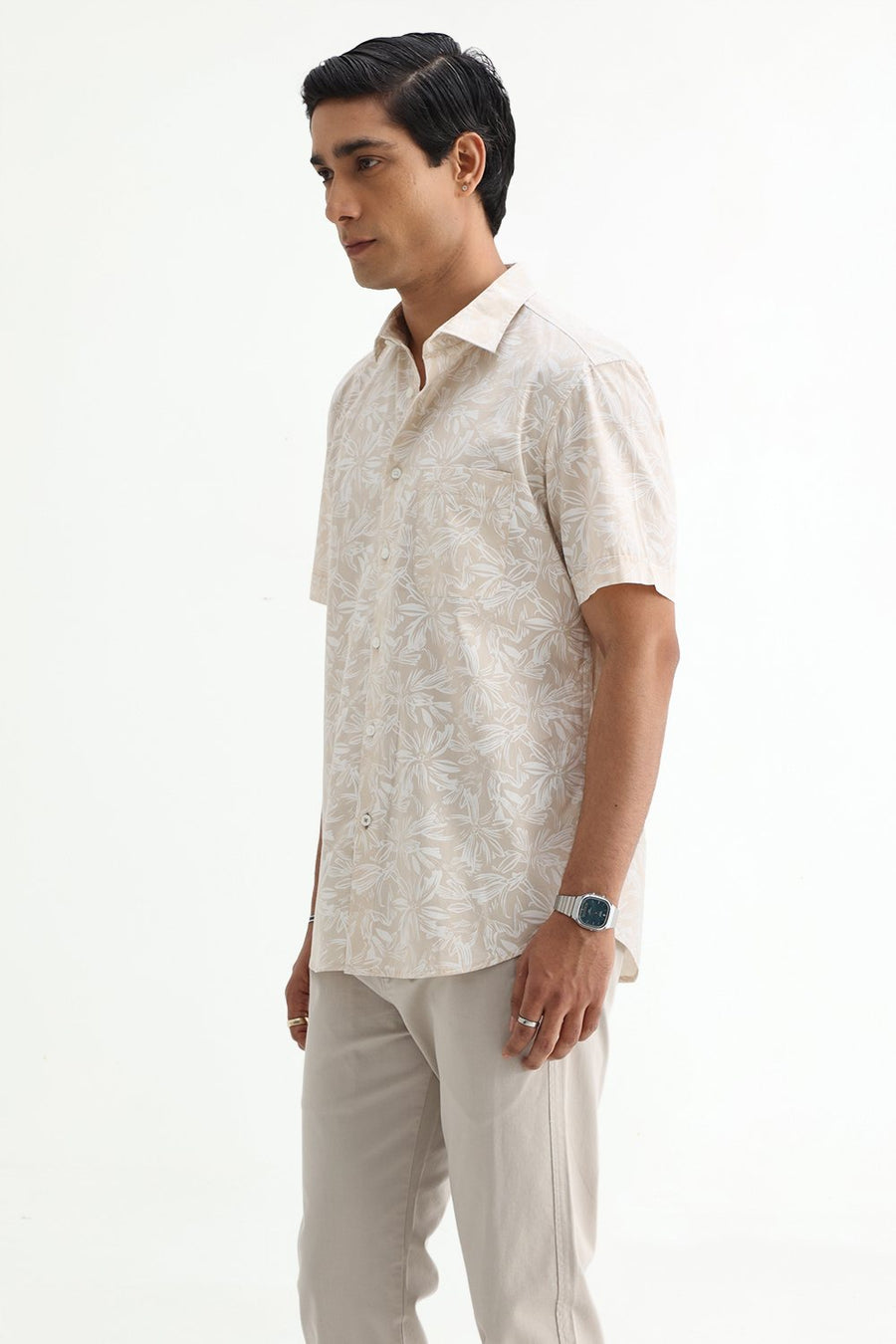 BASICS SLIM FIT SUMMER BEIGE COTTON POPLIN PRINTED HALFSLEEVES SHIRT