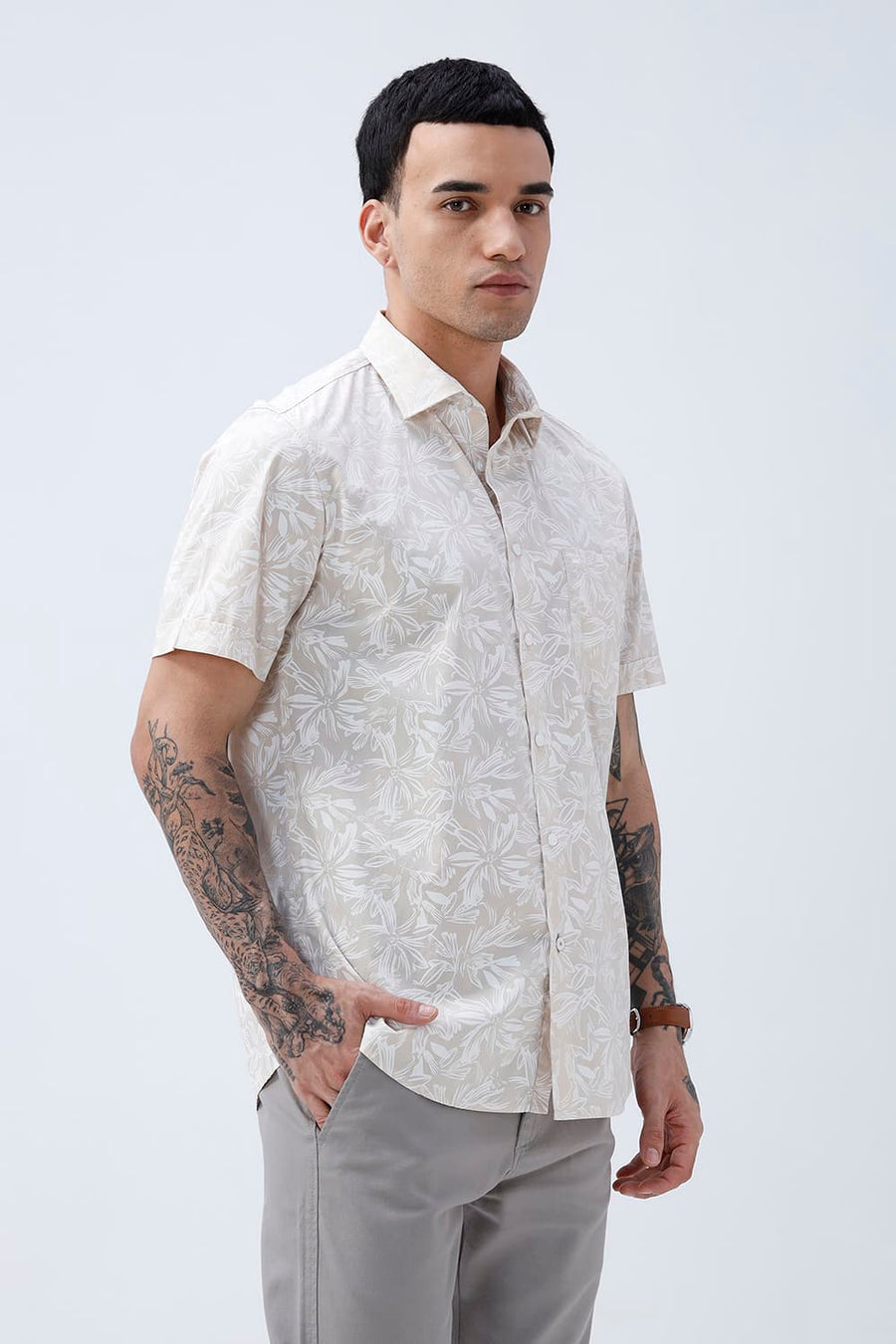 BASICS SLIM FIT SUMMER BEIGE COTTON POPLIN PRINTED HALFSLEEVES SHIRT